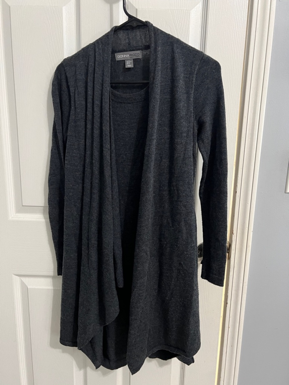 Donna Ricco Dark Charcoal Open-Front Draped Sweater Cardigan dress